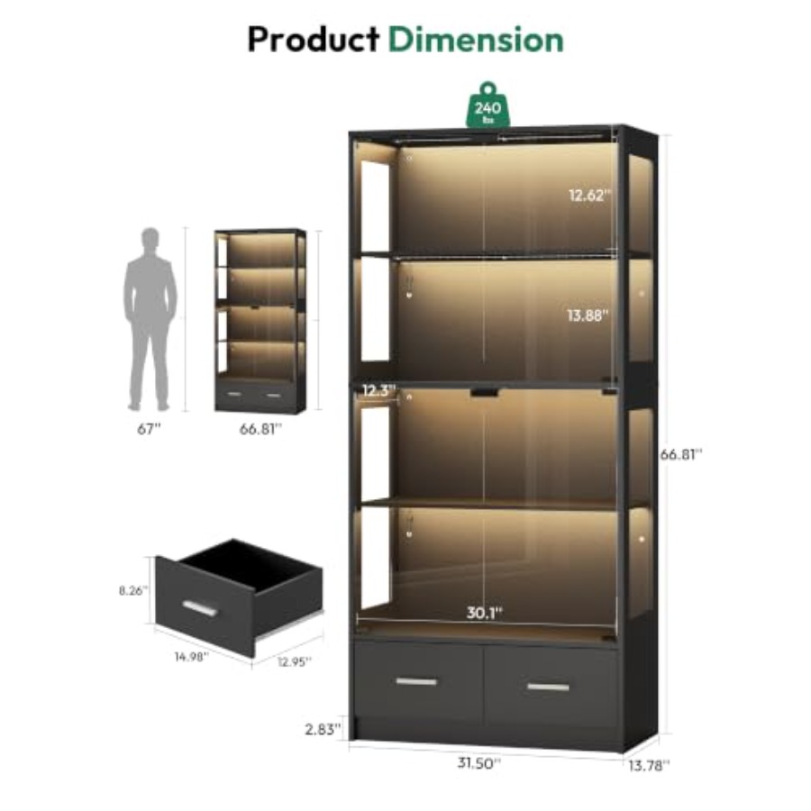 67인치 스포츠 기념품 전시용 유리 캐비닛, 블랙 강화 - Glass Cabinet Display 리뷰 및 가격