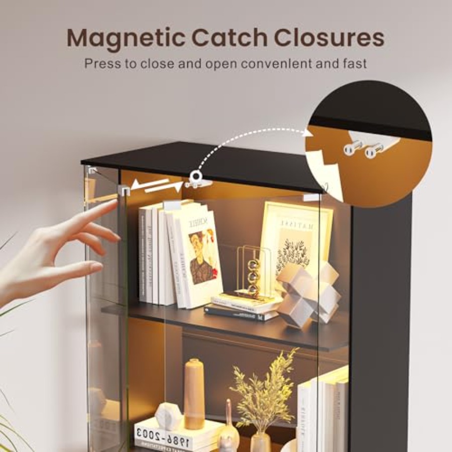 유리문이 있는 검정색 디스플레이 캐비닛, 거실용 잠금  - Glass Cabinet Display 리뷰 및 가격